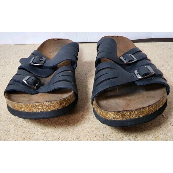 White Mountain Sandals Womens Footbeds Slides Slip‎ On Black Leather Casual - Picture 2 of 10